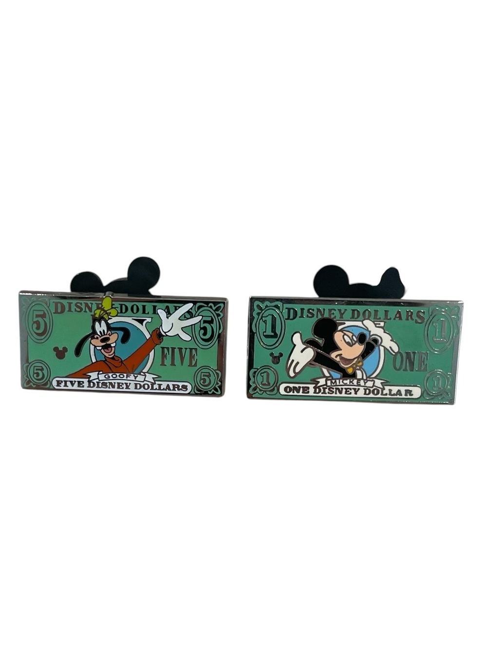 Disney Pins Set of 2 Goofy 5 Dollar Bill and Mickey 1 Dollar Bill Hidden Mickey